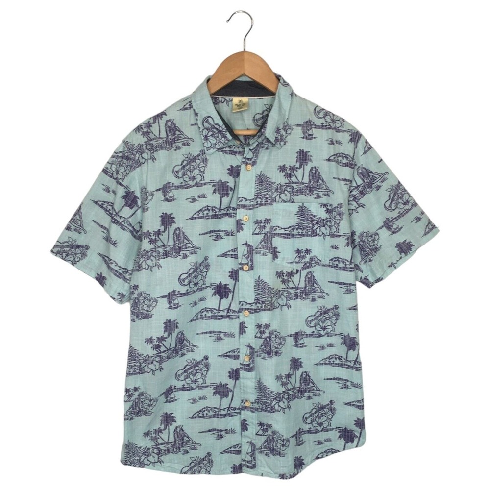 Rustic Blue Top Mens L Hawaiian Tropical Cotton Button Up Short Sleeves Blue